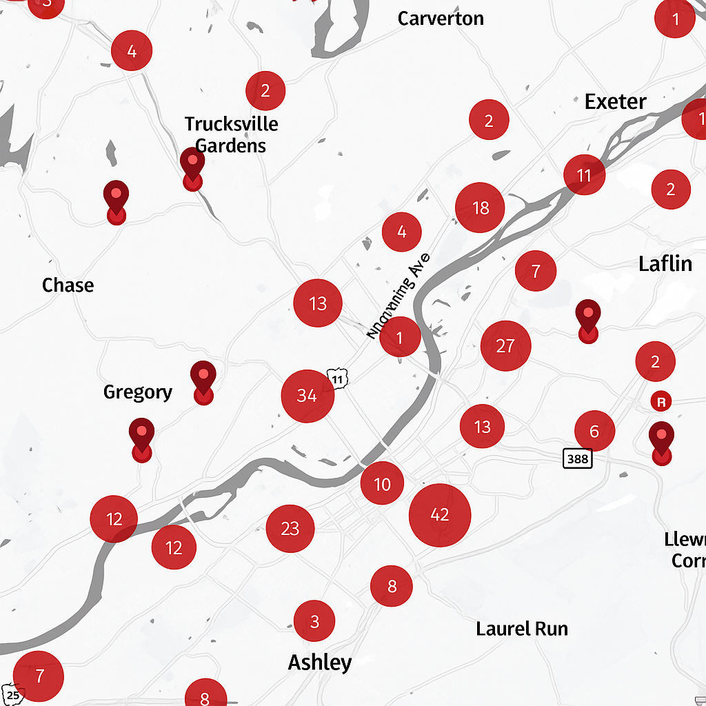 Wilkes-Barre billboard advertising locations map showing digital billboard inventory across Pennsylvania